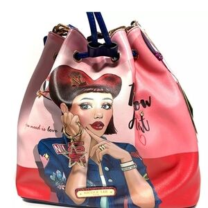 ⚘️Nwt Nicole Lee USA Drawstring Large Leather Bucket Bag - Red